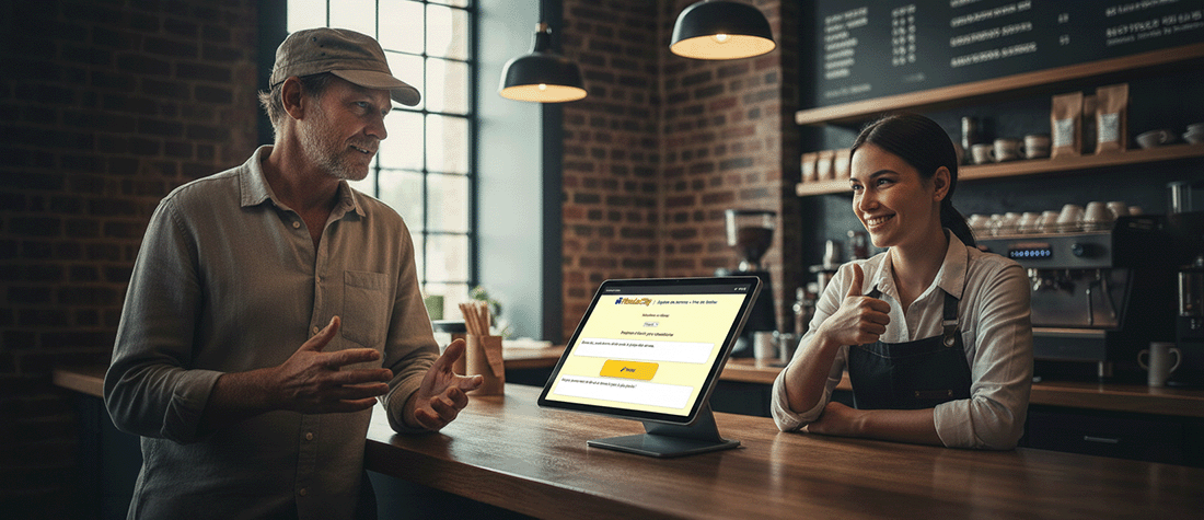 Turista interactuando con dependiente de un café